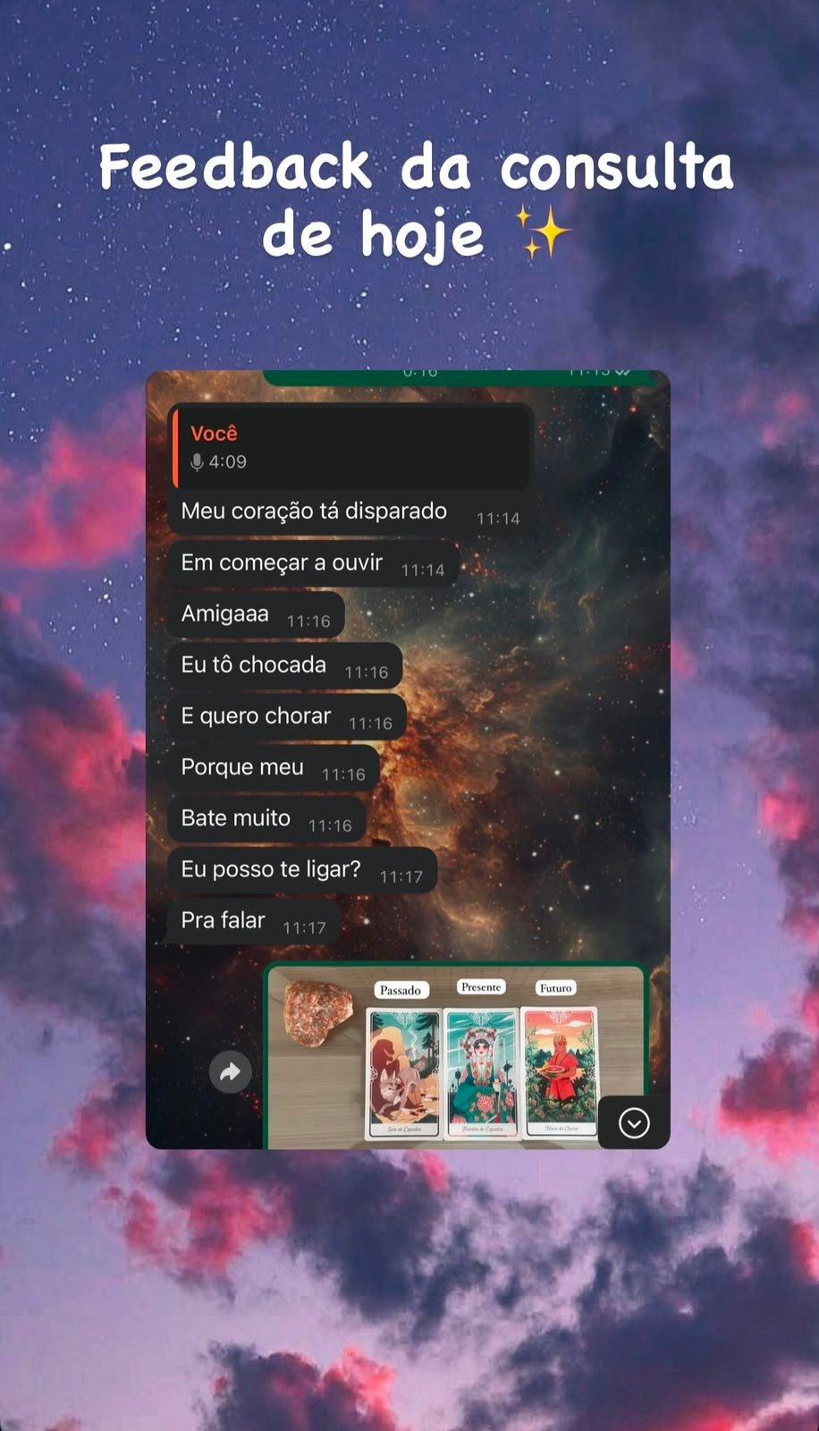 Print de depoimento de cliente sobre leitura de tarot