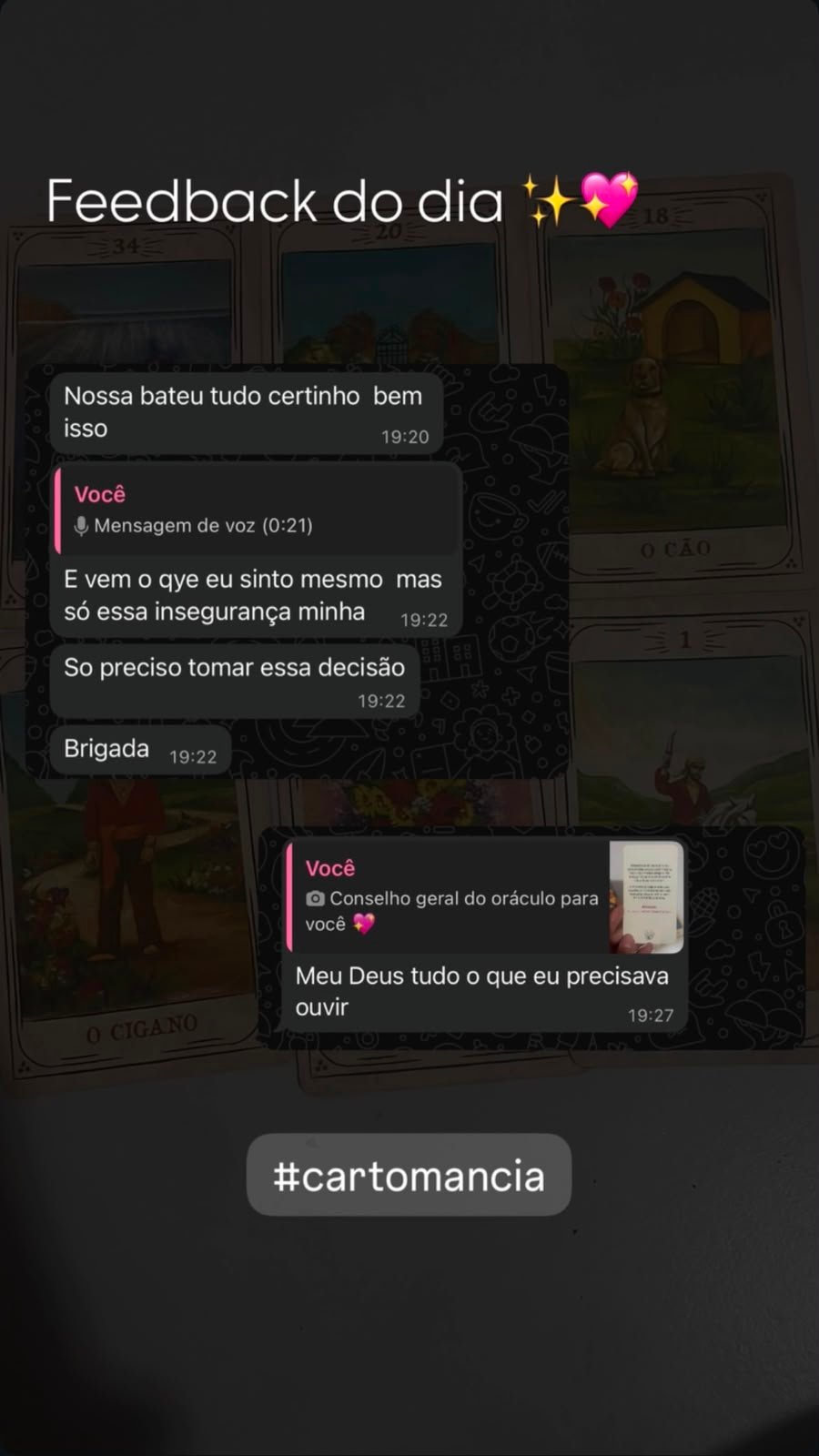 Print de depoimento de cliente sobre leitura de tarot