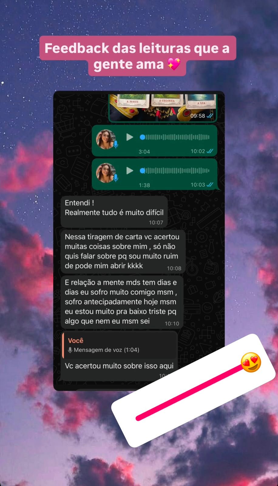 Print de depoimento de cliente sobre leitura de tarot
